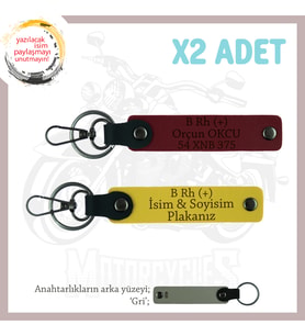 Motor Tutkunlarına İsim Plaka ve B Rh (+) Kan Grubu Yazılı Özel Üretim x2 Anahtarlık, Sarı-Bordo-Gr