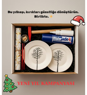 2 Kişilik Kintsugi Yapım Seti  Ağaç Siluetli Beyaz Tabak DIY Hediye Fikirleri, Sevgiliyle/Arkadaşla Yapılacak Aktivite Fikri