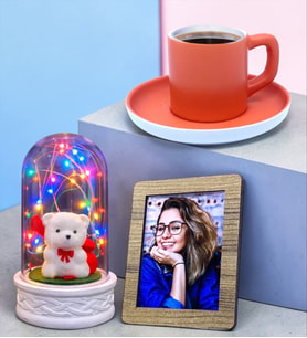 Renkli Led Işıklı Fanuslu Turuncu Kahve Fincanlı Kişiye Özel Hediye Seti (Model 3)