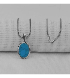 Turkuaz Taşlı Oval  925 Ayar Gümüş Erkek Kolye