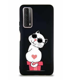 Huawei P Smart 2021 Soft Premier Kapak Coolcat Tasarımlı Silikon Kılıf - Siyah (Şeffaf)