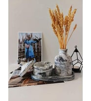 Mermer Desenli Seramik Vazo ve Mumluk Seti - Modern Minimalist Dekorasyon