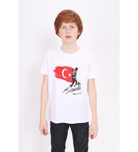 Toontoy Unisex Çocuk Atatürk Baskılı Tişört (Beyaz)