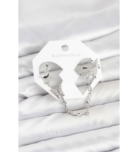 Pirinç Gümüş Renk Kelebek Model Zincir Bağlantılı Ear Cuff Küpe Seti 5886 - SSSSSS2758-6496