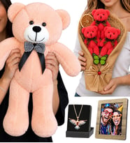 Kişiye Özel Fotoğraflı 50 cm Pembe Peluş Ayıcık, Renkli Anka Kuşu Kolye ve Fuşya Peluş Ayıcık Buketi Hediye Seti