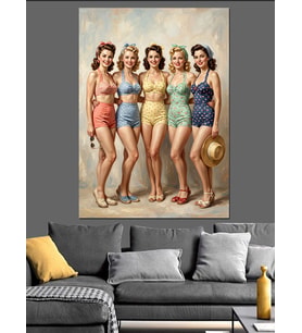 Mayolu Beş Pin-Up Kız Dekoratif Kanvas - Mdf Ahşap Tablo