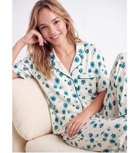 LCW DREAM Ekru Gömlek Yaka Çiçekli Kadın Pijama Takımı