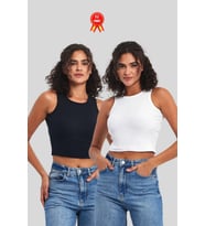 Kadın Siyah-Beyaz Fitilli Görünümlü Askılı Kalın Esnek Örme 2'li Basic Crop Atlet Bluz (Siyah & Beyaz)