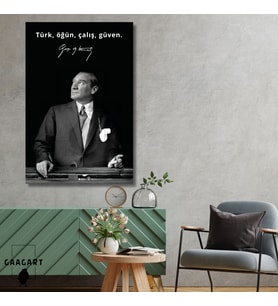 Tekli Dikey Kanvas Makam Panosu Atatürk Sözleri Türk, öğün, çalış, güven.