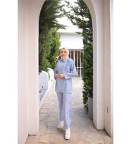 Fermuarlı Çizgi ve Çiçek Desenli İkili Tesettür Kap Spor Takımı - (38-46) - 71269 - Mavi