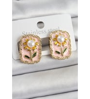 Pirinç Pembe Mineli Papatya Figürlü Sanatsal Portre Model Gold Renk Kadın Küpe - SSSSSS1372-4