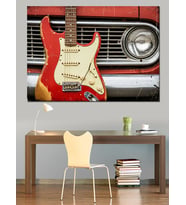 Klasik Araba Ve Kırmızı Gitar Dekoratif Kanvas - Mdf Ahşap Tablo