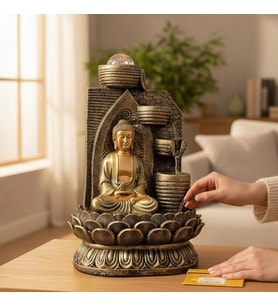 Dekoratif Büyük Şelaleli LED Işıklı Buddha Masaüstü Dekoratif Su Çeşmesi – Akan Su Efektli Feng Shui