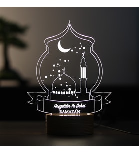 Hoşgeldin Ya Şehr-i Ramazan Figürlü Dekoratif Hediye Led Masa Lambası 7 Işık Rengi Ahşap Taban (Çok Renkli)