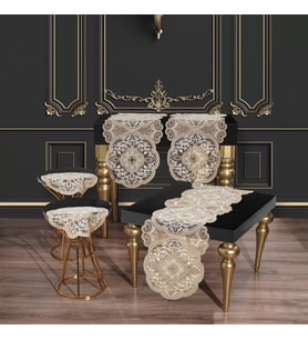 Alya Model Gold 5 Parça Salon Takımı Dantelli Masa Örtüsü Runner Seti