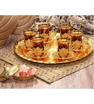  6 Kişilik  Gold Renk Tepsi ve Kaşıklı Çay Seti  Çay Seti