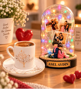 Kişiye Özel 3 Fotoğraflı Yazılı Renkli LED Sırt Sırta Biblolu Fanus ve Hayat Ağacı Kahve Fincanı