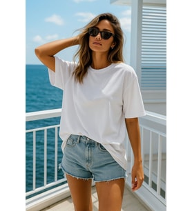 Kadın Beyaz %100 Pamuk Oversize Basic Tişört – Rahat Kalıp Relaxed Bisiklet Yaka T-Shirt