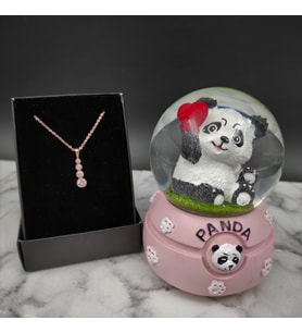 Sevimli Işıklı Panda Kar Küresi& Rose Gold Zirkon Taşlı Kolye Hediye Seti