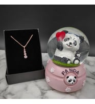 Sevimli Işıklı Panda Kar Küresi& Rose Gold Zirkon Taşlı Kolye Hediye Seti