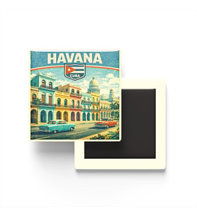 Retro Küba Havana Şehri Temalı Vintage Buzdolap Magneti – 9x9 cm