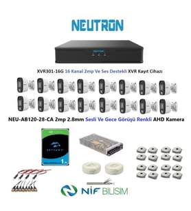 Neutron 2mp 16 kameralı Gece Renkli Sesli Dış ortam AHD Full Kamera Seti 1TB Disk NEU-AB120-28-CA