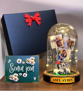 Sizlere Özel İsimli ve 3 Fotoğraflı Led Işıklı Fanus, Siyah Hediye Kutusunda (Model 4)