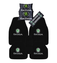 Skoda Araçlar İçin 5 Parça Oto Halı Paspas  Dijital Baskılı Siyah Seyahat Boyun Yastık & Emniyet Kemer Kılıfı
