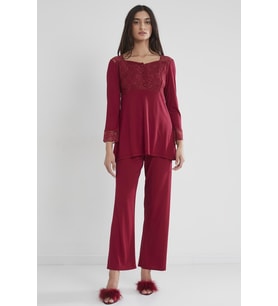 Penye Dantelli Pijama Takımı (Bordo)