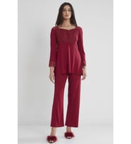 Penye Dantelli Pijama Takımı (Bordo)