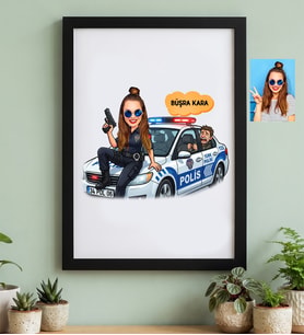 Kişiye Özel Karikatürlü Kadın Polis Siyah Çerçeve Polis Günü Hediyesi