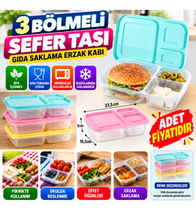 Mey İthalat® 3 Bölmeli Sefer Tası Pratik Kolay Gıda Diyet Saklama Erzak Kabı (adet fiyatıdır)