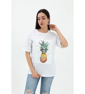 Bisiklet Yaka Ananas Baskılı Süprem T-shirt - Beyaz