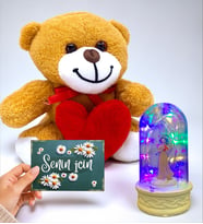 Kalpli Sevimli Peluş Ayıcık, Senin İçin Kartı ve Renkli Led Işıklı Fanus Seti (Model 5)