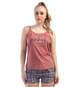Kadın Kiremit Rengi Pamuklu İp Askılı Şortlu Pijama Takım
