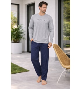 Erkek Gri Üst Lacivert Alt Pamuklu Pijama Takımı – Rahat Kesim & Şık Ev Giyimi-6150-27