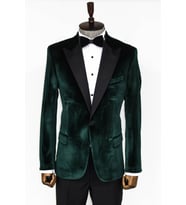 Kadife Slim Fit Tek Düğmeli Koyu Yeşil Erkek Balo Ceket - Wessi
