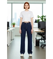 Kadın Koyu Yüksek Bel Straight Kesim Denim Pantolon Fonksiyonel Dayanıklı Kaliteli Estetik