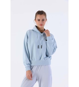 Maraton Oversize Kadın Kapüşonlu Sisli Mavi Sweatshirt