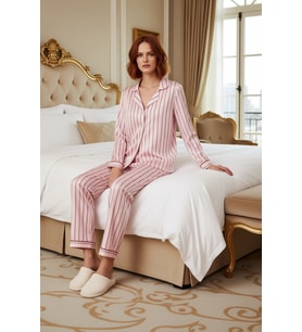 Kadın Belmando Dokuma Çizgili Pijama Takımı Fonksiyonel Dayanıklı Kaliteli Konforlu Modern