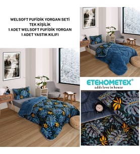 ETE HOMETEX TEK KİŞİLİK LÜX WELSOFT YORGAN SETİ MONESTERA İNDİGO 155X215CM 8696474231888