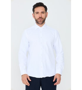 Beyaz Mikro Desenli Dynamic Fit Uzun Kollu Erkek Gömlek