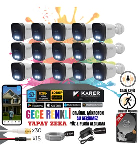 EXİTCAM 15 Kameralı SESLİ-YÜZ ve ARAÇ Tanımalı-GECE RENKLİ-SU GEÇİRMEZ GÜVENLİK SETİ (Beyaz)