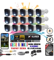 EXİTCAM 15 Kameralı SESLİ-YÜZ ve ARAÇ Tanımalı-GECE RENKLİ-SU GEÇİRMEZ GÜVENLİK SETİ (Beyaz)