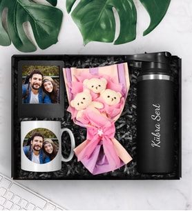 Kişiye Özel Çelik Termos & Üçlü Peluş Ayıcık Buketi & Kişiye Özel Fotoğraf Baskılı Kupa & Fotoğraf Çerçevesi Hediye Seti