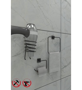 Jasmin Yapışkanlı Siyah Kare 3'lü Banyo Seti Tuvalet Kağılığı, Kare Havluluk, Kare Fön Makinesi Askısı