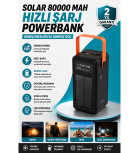 80000 mAh Güneş Enerjili Powerbank 4 Kablolu Type-C Lightning Micro USB