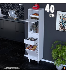 Eliusta Duru 40 cm Çok Amaçlı Mutfak Dolabı Sepetli Kapaklı 2 Çekmeceli Dolap Banyo Kirli Çamaşır Dolabı