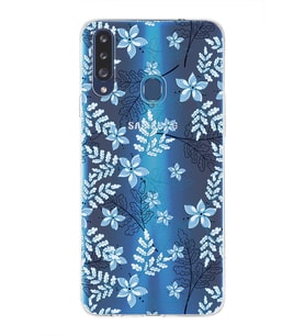 Samsung Galaxy A20s Uyumlu Kapak Floral Mavi Tasarımlı Şeffaf Silikon Kılıf