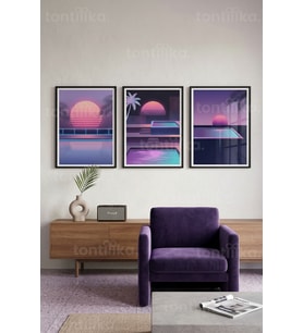 Retrowave Neon Gün Batımı ve Havuz Manzaraları 3’lü Ahşap Çerçeveli Tablo Seti